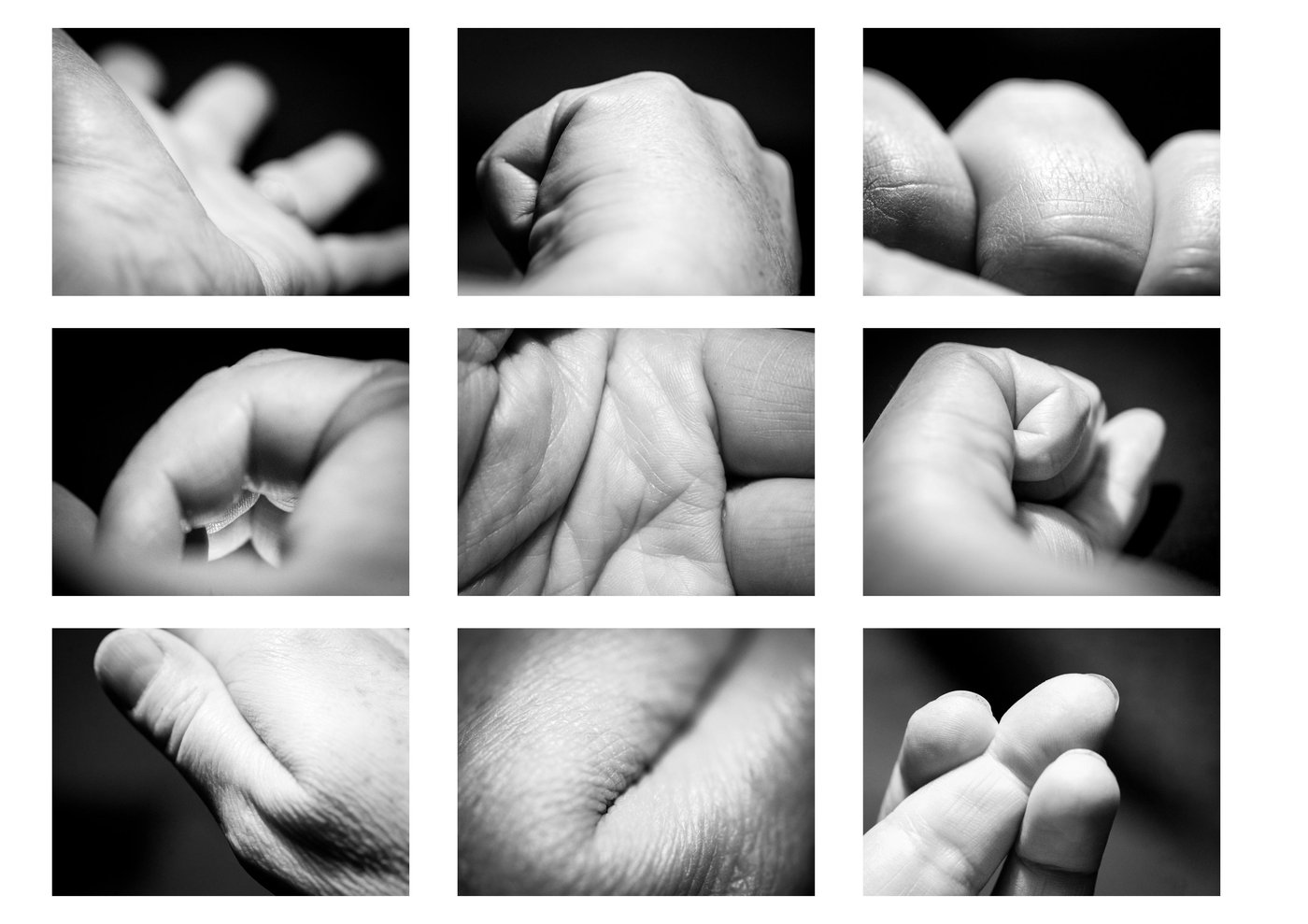 A nine-image grid of black and white photographs studying hands in different positions